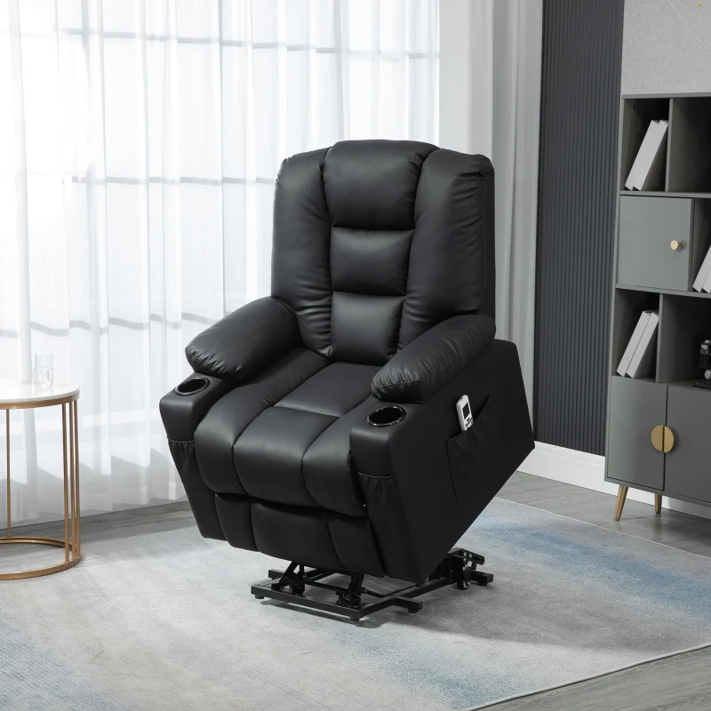 HOMCOM Poltrona relax com auxílio de elevação, USB, função de massagem, couro sintético, até 150 kg, 90x98x102 cm, Preto