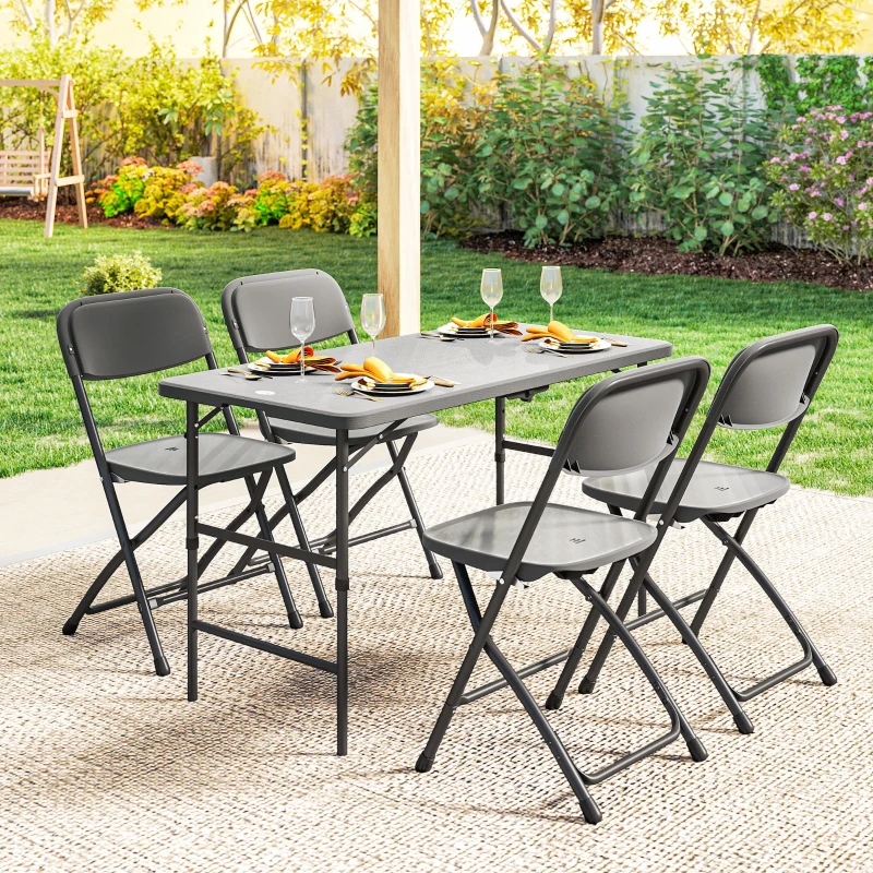 Outsunny Conjunto de Mesa y Sillas Jardín con Mesa Plegable Ajustable de 55 a 74 cm y 4 Sillas Plegables para Terraza Gris