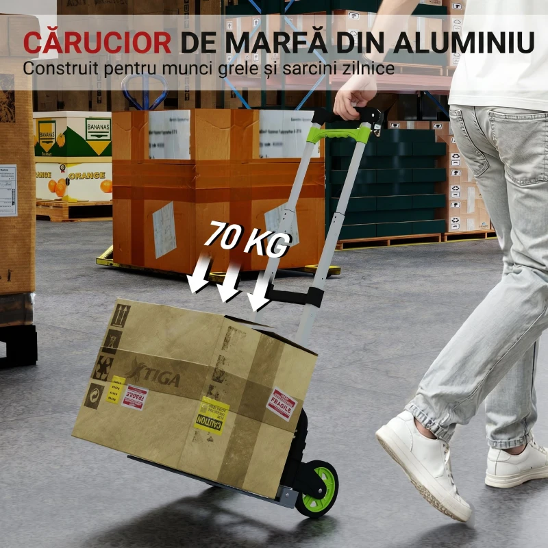 HOMCOM Cărucior Portapachete Pliabil Capacitate 70 kg cu Mâner Telescopic din Aluminiu, Argintiu