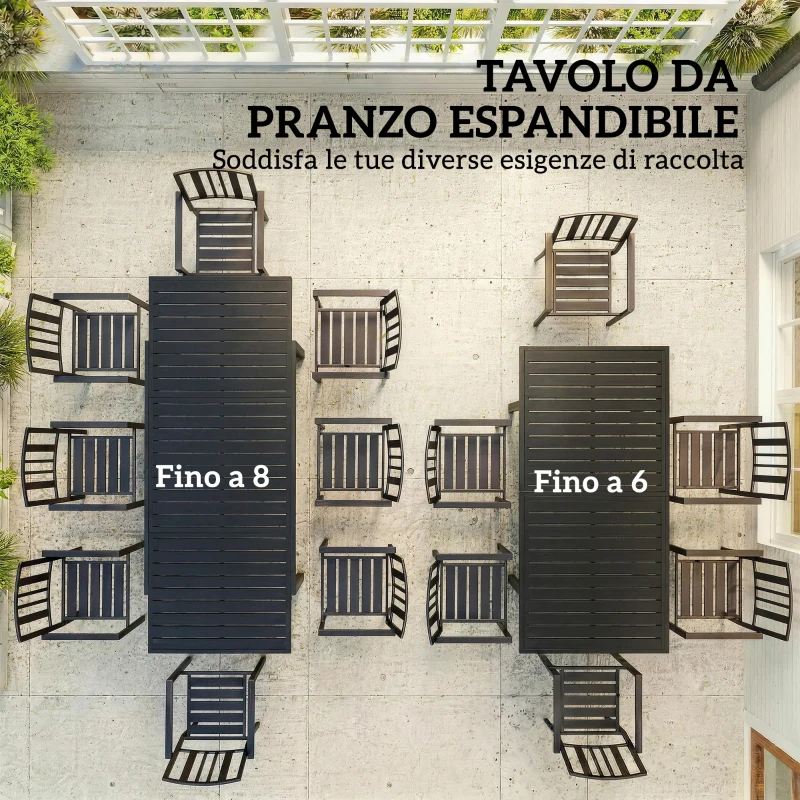 Outsunny Tavolo da giardino allungabile per 6-8 persone, alluminio con piano a doghe, nero.
