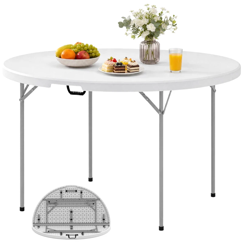Outsunny Masă de Camping Rotundă Pliabilă, din Metal și HDPE, 120x120x74 cm, Alb