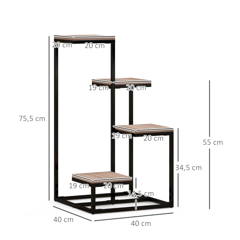 Outsunny Scaffale per Piante a 4 Livelli in Acciaio e Legno, 40x40x75.5 cm, Marrone e Nero