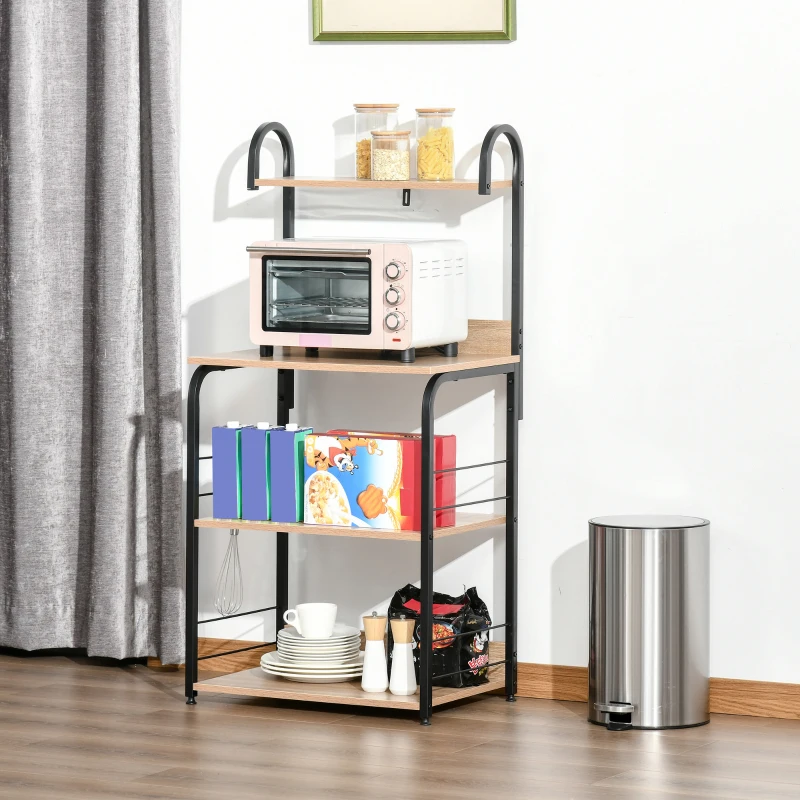 HOMCOM Mobiletto Microonde da Cucina con 4 Ripiani e 4 Ganci, in Acciaio e Legno, 60x40x125 cm, Color Legno