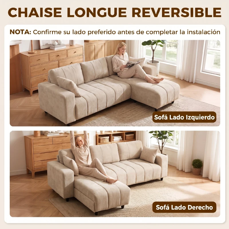 HOMCOM Sofá Chaise Longue Reversible de 4 Plazas 2 Almohadas Tapizado en Lino Marco de Acero 242x156x87 cm Beige
