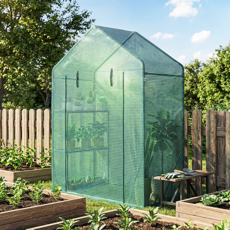 Outsunny Seră de Grădină, Ușă Rulantă, Rafturi 2 Etaje, Structură Oțel, Acoperire PE, 143x73x195 cm, Verde