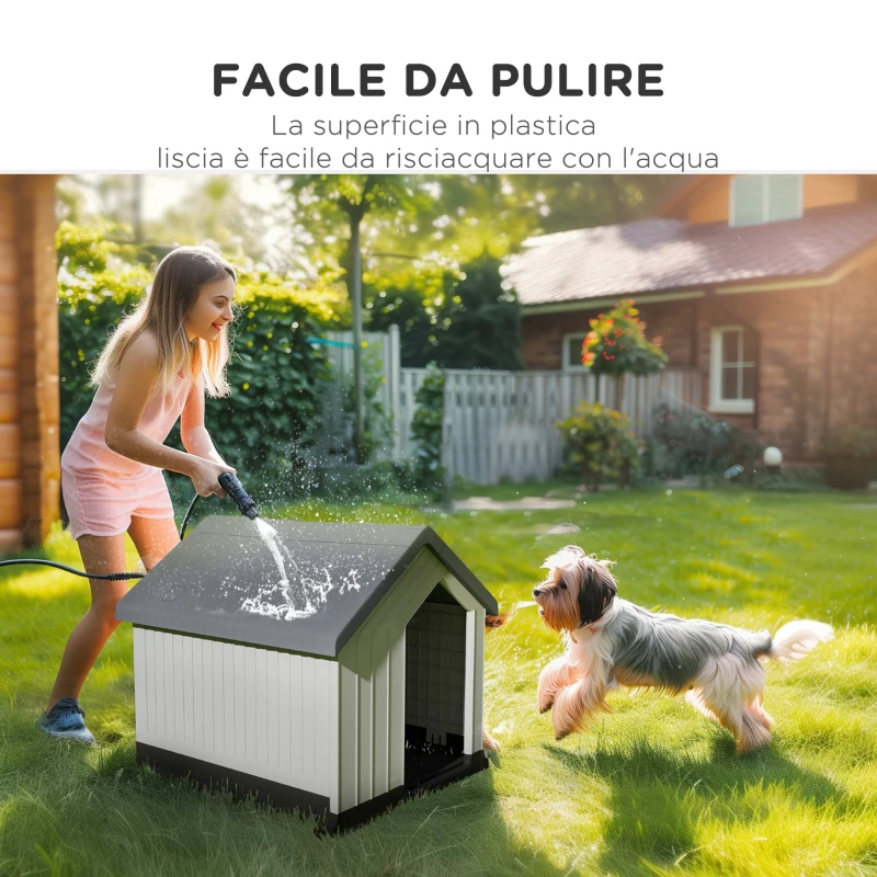PawHut Casetta per Cani Piccoli e Mini da Esterno Impermeabile in Plastica con Finestra, 62x61x60 cm, Grigio