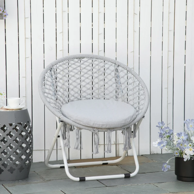 Outsunny Loveuse fauteuil rond de jardin fauteuil lune papasan pliable grand confort macramé coton polyester gris