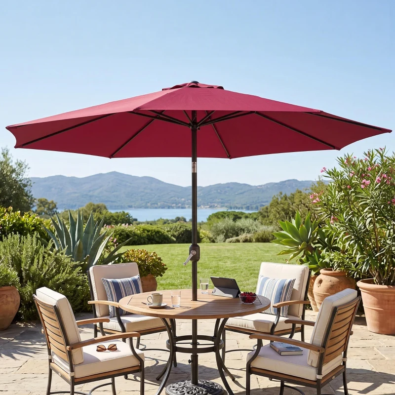 Outsunny Parasol de Jardin Extérieur 3x3 m, Parasol Inclinable Octogone avec Manivelle, 8 Baleines, Anti-UV, Bordeaux