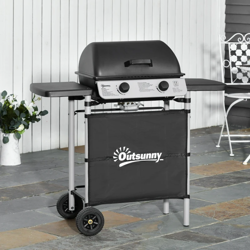 Outsunny Barbacoa de Gas con 2 Quemadores 5,6 KW 2 Ruedas 2 Mesas Laterales y Parrillas de Acero 104x49x99 cm Negro