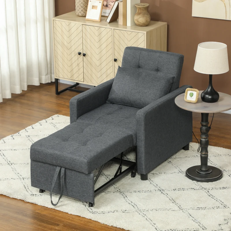 HOMCOM 3-In-1 Chair Bed, Convertible Sleeper Chair with Adjustable Backrest, Pillow and Footrest for Living Room, Dark Grey