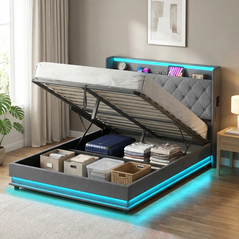 HOMCOM 4ft6 Double Bed Frame with Headboard, Platform Bed Frame with Hydraulic Storage, LED Lights and Charging Station, Grey