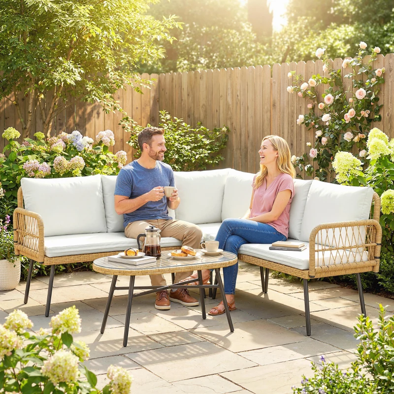 Outsunny Polyrattan Gartenmöbel Set 4-teilig, Lounge Set mit Ecksofa Zweisitzersofa Glastisch abnehmbar Kissen bis 5 Personen