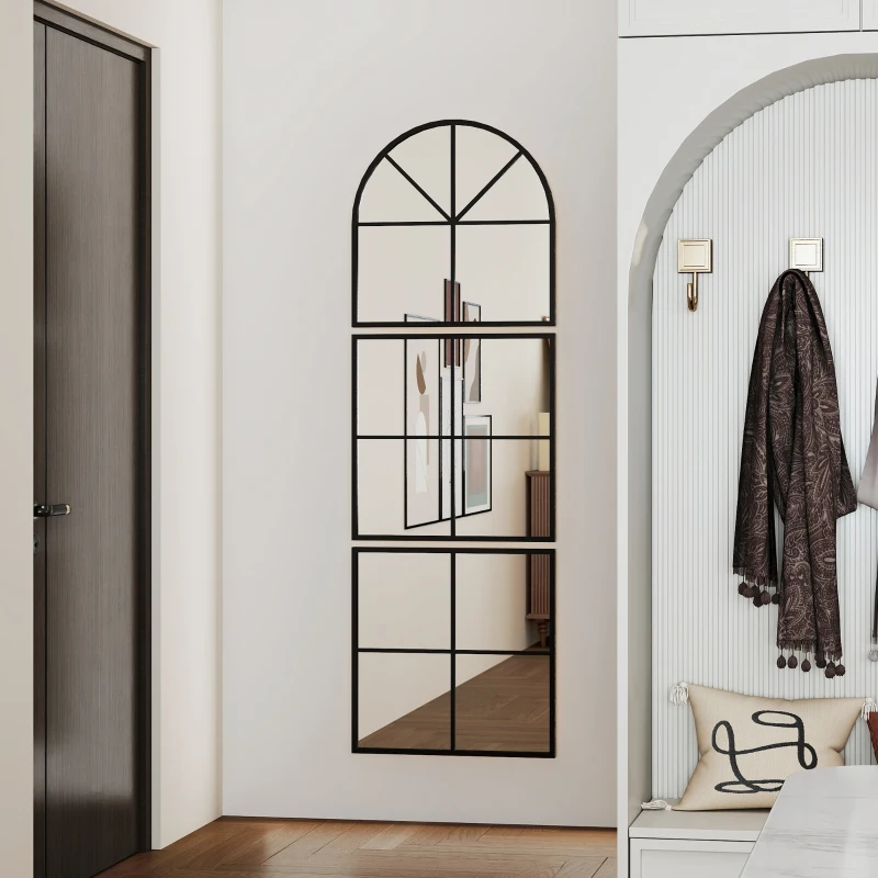 HOMCOM Wandspiegel dreiteilig, bogenförmiger Spiegel mit Metallrahmen, dekorativ 60 x 2 x 180 cm Schwarz