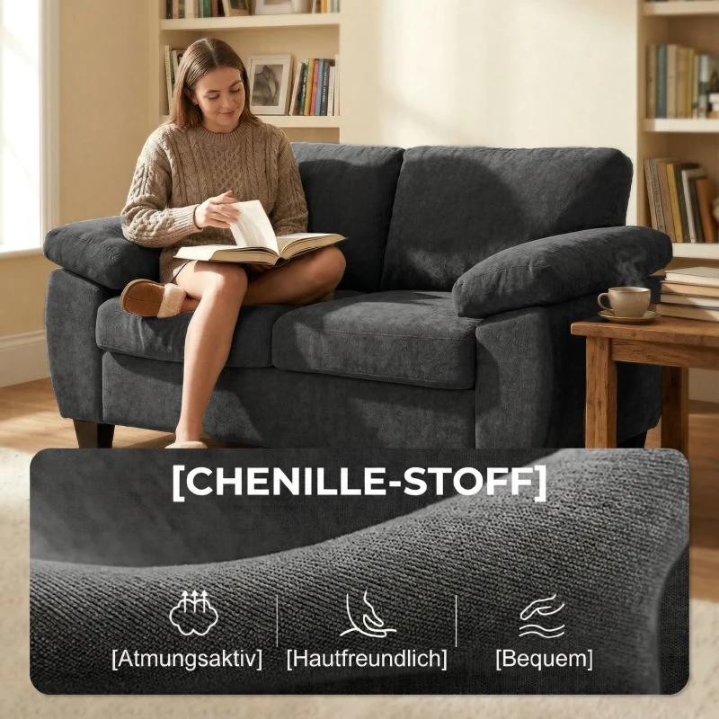 HOMCOM 2-Sitzer-Sofa, 156 cm Chenille-Sofa mit dicken Federkernpolstern, breiten gepolsterten Armlehnen, 300 kg Tragkraft, Dunkelgrau