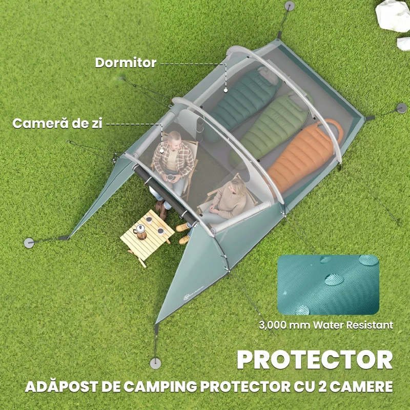 Outsunny Cort de Camping pentru 3 Persoane, Impermeabil, Tunel, cu Geantă de Transport, 460x260x190 cm, Verde