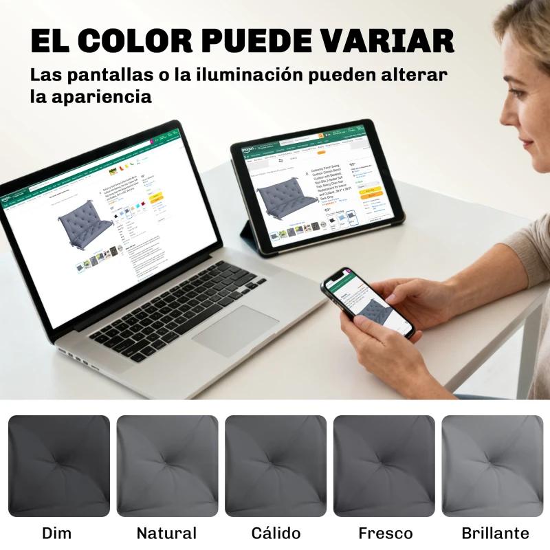 Outsunny Cojín para Banco de Jardín con Respaldo, 100x98x8 cm, Colchón de Banco de 2 Plazas para Interior y Exterior con Relleno Grueso y Cintas de Sujeción, para Columpio, Terraza, Balcón Gris Oscuro