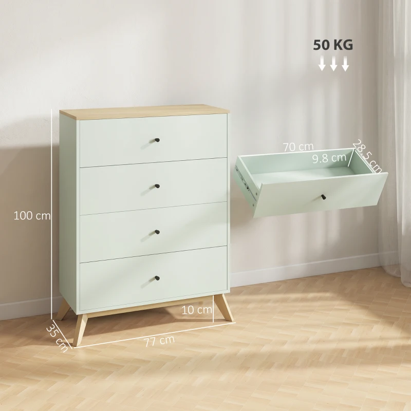 HOMCOM 4 Drawer Storage Cabinet, Chest of Drawers for Bedroom Living Room, Light Green and Oak