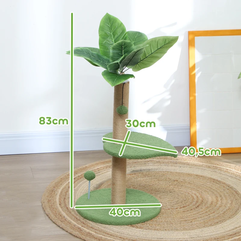 PawHut Árbol Rascador para Gatos 83 cm con Hojas Artificiales, Poste de Yute, Plataformas de Felpa, 2 Juguetes de Bolas, Verde