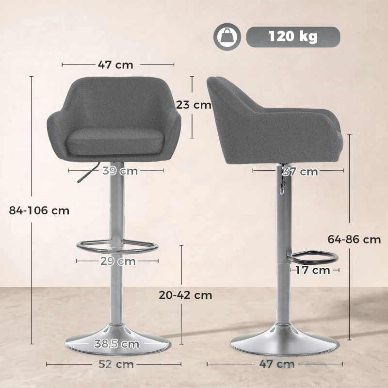 HOMCOM Conjunto 2 Banquetas de Bar Giratórias em Veludo com Altura Ajustável, Apoio para os Pés, Encosto, Base em Metal, Cinzento