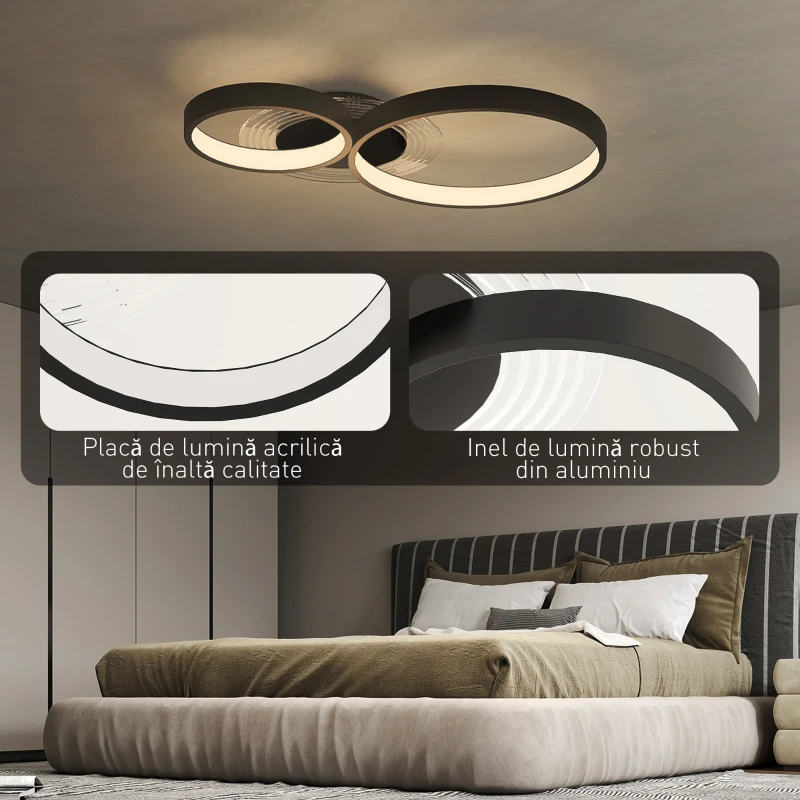 HOMCOM Plafonieră LED modernă cu 3 inele, cu temperatură de culoare reglabilă, putere 40W, negru