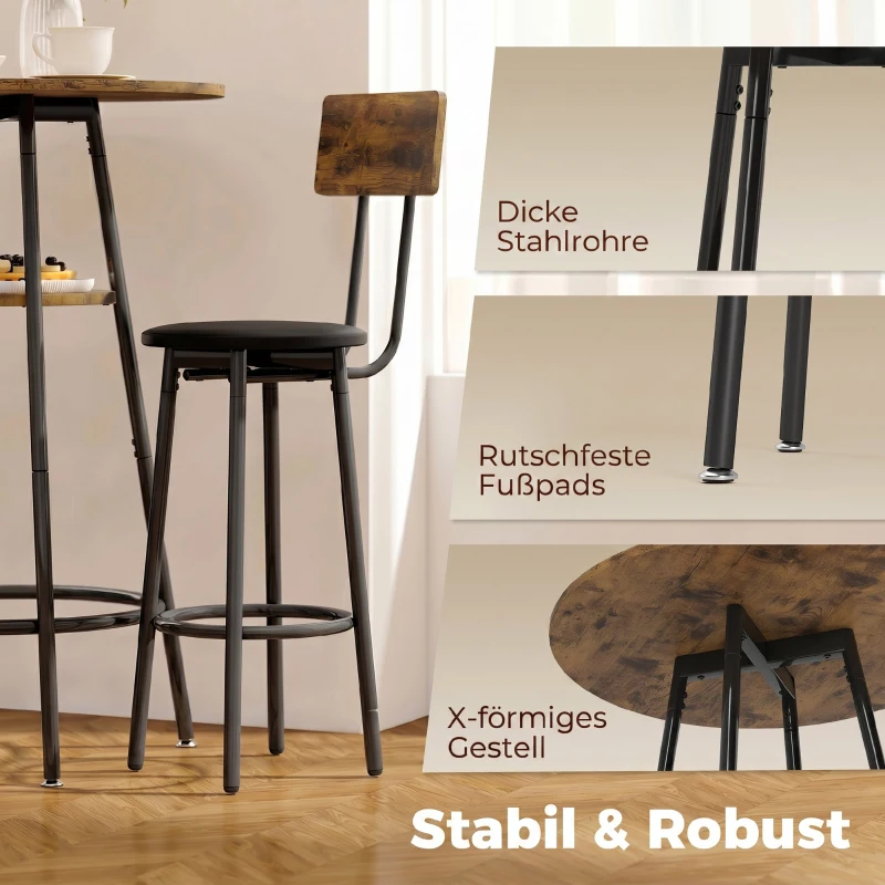HOMCOM Industrie-Bartisch-Set mit 2 gepolsterten Hockern, Fußstützen, Metallrahmen, Küchentisch mit Ablage, Rustikal Braun