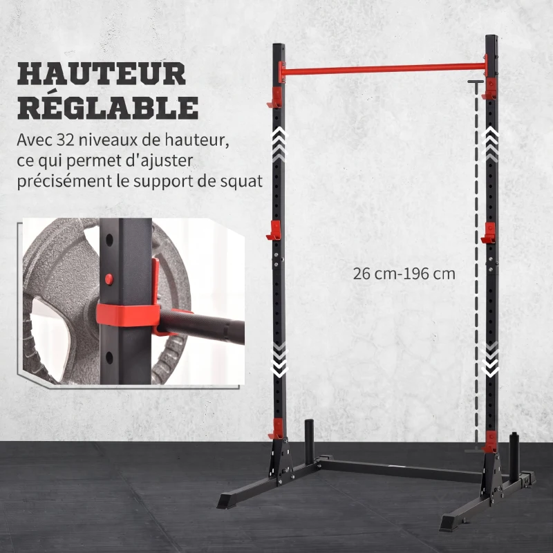 HOMCOM Squat Rack Réglable 32 Niveaux en Acier, Crochet, Barre de Traction, Base Antidérapante, 117,5x122x226cm, Noir