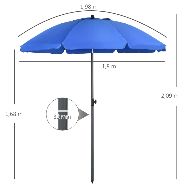 Outsunny Ombrellone da Spiaggia 1.8x2 m con Reclinazione a 45° e 8 Stecche, Poliestere e Acciaio, Blu