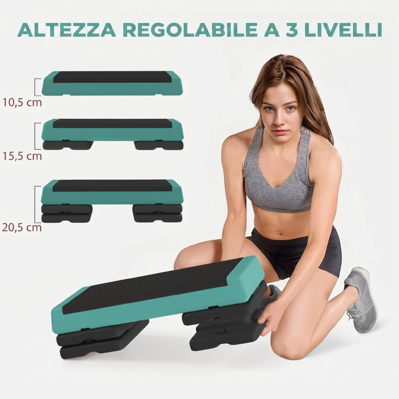SPORTNOW Stepper Fitness Regolabile a 10.5/15.5/20.5 cm con Superficie Antiscivolo e Capacità 250 kg, Verde