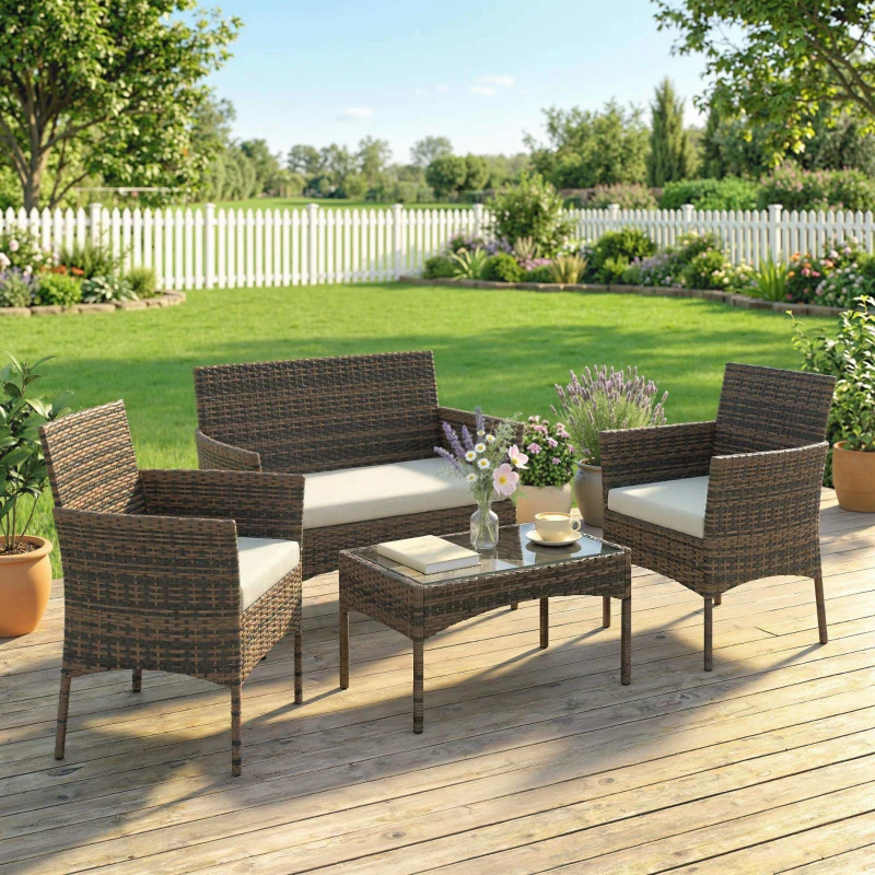 Outsunny 4 Piece Rattan Garden Furniture Sofa Set with Loveseat, Armchairs, Glass-Top Coffee Table and Cushions, Brown