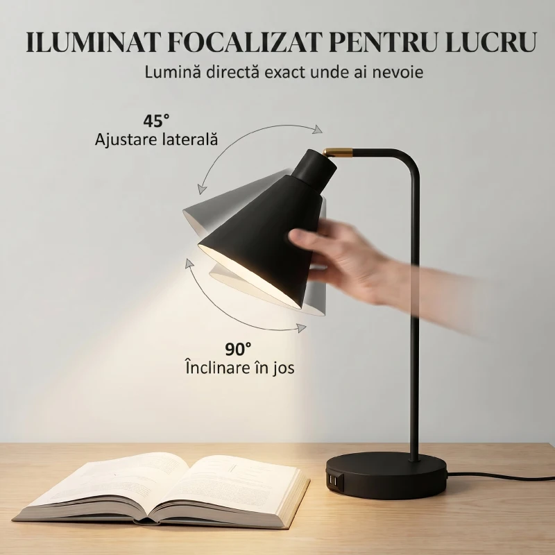 HOMCOM Set de 2 Lămpi de Masă Moderne din Oțel cu Porturi USB, E27, Becurile Nu Sunt Incluse, Negru