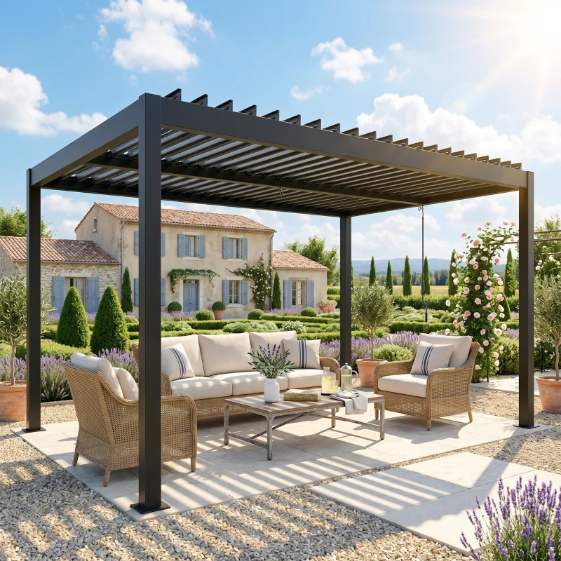 Outsunny Pergola bioclimatique 4x3m, pergola aluminium, lames orientables, manivelle, protection soleil, imperméable, gris foncé