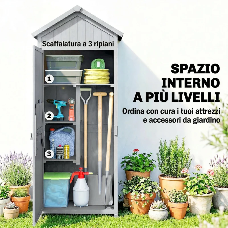Outsunny Casetta Porta Attrezzi in Legno di Abete con 3 Ripiani e Banco da Lavoro Ribaltabile, 77x52.5x178 cm, Grigio