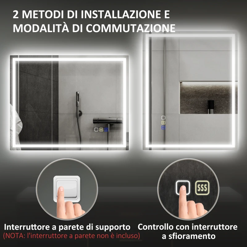 HOMCOM Specchio Bagno Antiappannante con Luce LED Regolabile, Speaker Bluetooth, Pulsanti Touch, 80x100 cm