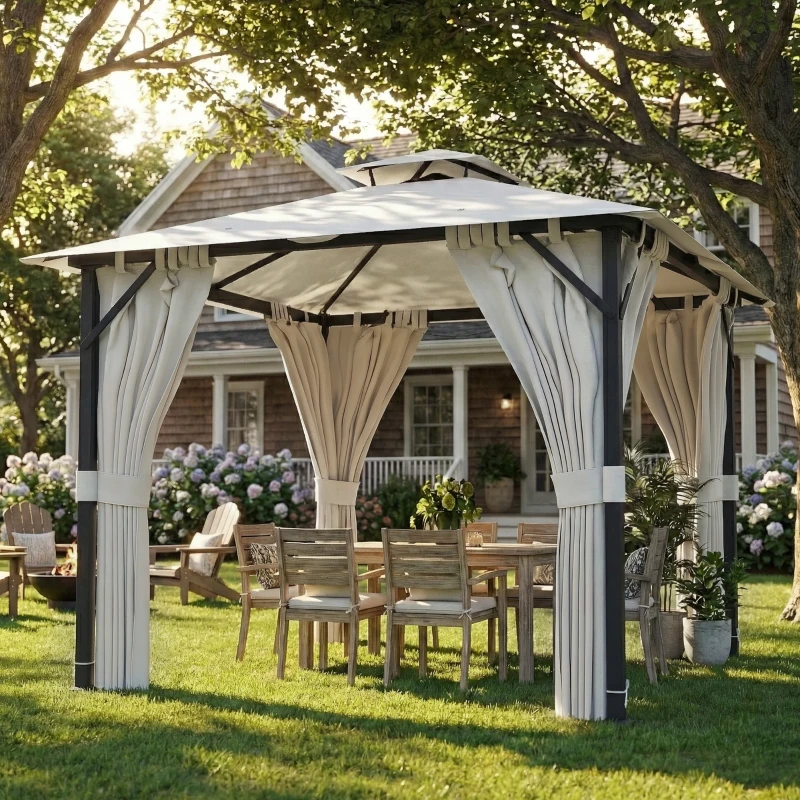 Outsunny Tonnelle de jardin extérieur 3x3m pavillon de jardin, toit double, rideaux, crochets de plafond, cadre en métal, crème