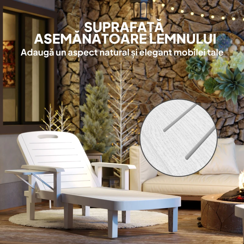 Outsunny Set 2 Șezlonguri cu Spătar Reglabil în 5 Poziții, Măsuță și Brațe Ergonomice, 79x158x88 cm, Alb