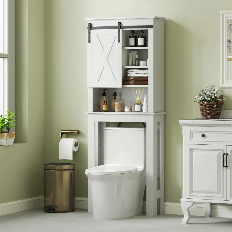 HOMCOM Mueble sobre Inodoro para el Baño con Puerta Corredera de Granero y 6 Compartimentos Estilo Rústico 67x25x172 cm Blanco