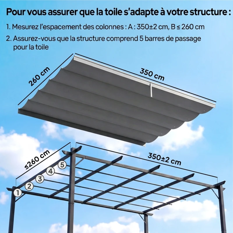 Outsunny Toile de toit pour pergola tonnelle rétractable de 4 x 3 m - toile uniquement 350 x 260 cm gris clair