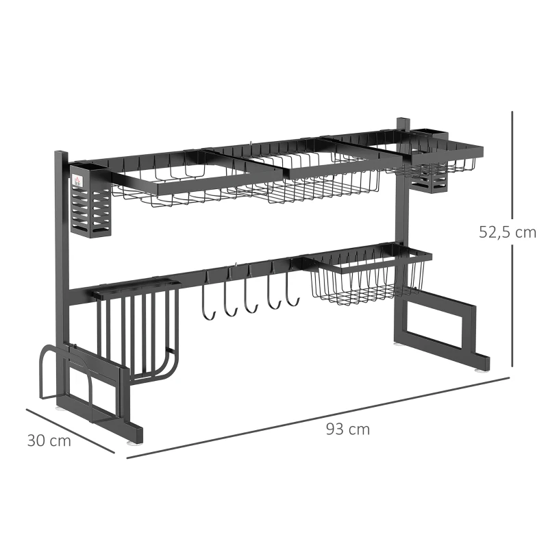 HOMCOM Égouttoir à vaiselle 2 niveaux porte-couteau support pour planche à découper 93 x 30 x 52,5 cm acier noir