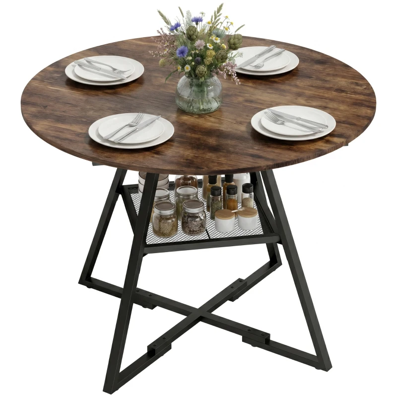 HOMCOM Table à manger ronde pour 4 personnes, Ø 100 x 76 cm, table de cuisine avec large plateau et étagère, brun rustique