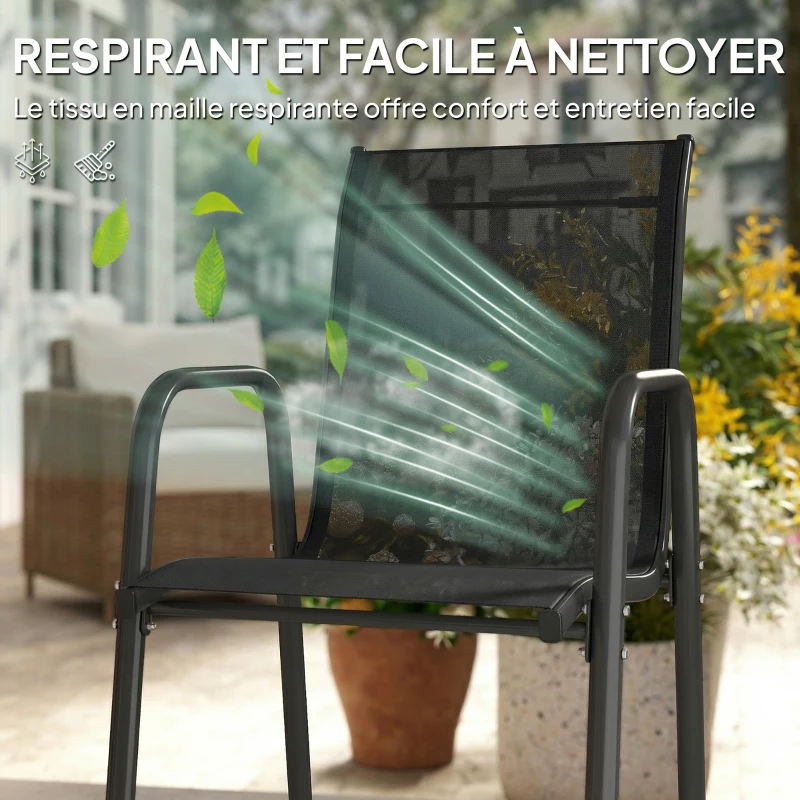 Outsunny Lot de 4 Chaises de Jardin Extérieures, Chaise de Salle à Manger Empilables avec Accoudoirs et Dossier Haut, Noir