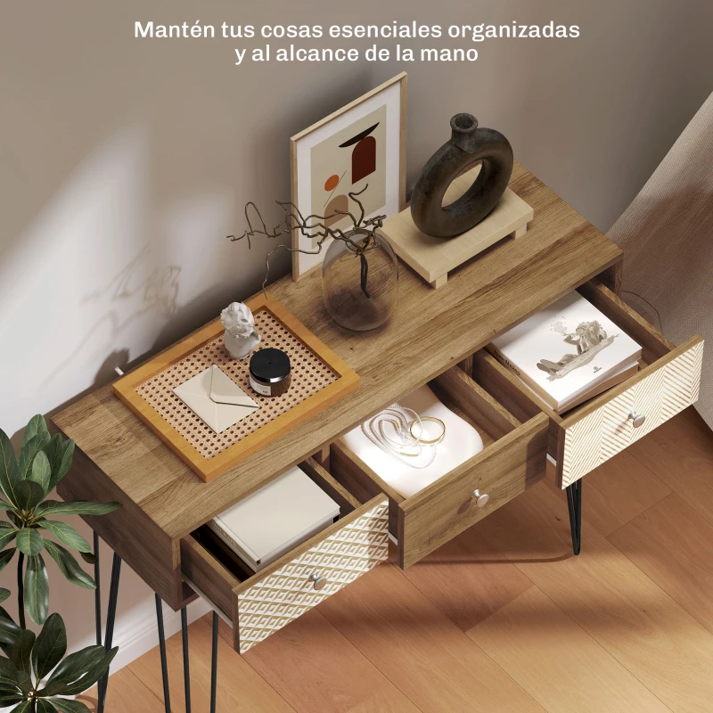 HOMCOM Mesa de Consola Mesa de Sofá con 3 Cajones con Patas de Acero Tipo Horquilla Estilo Bohemio Natural