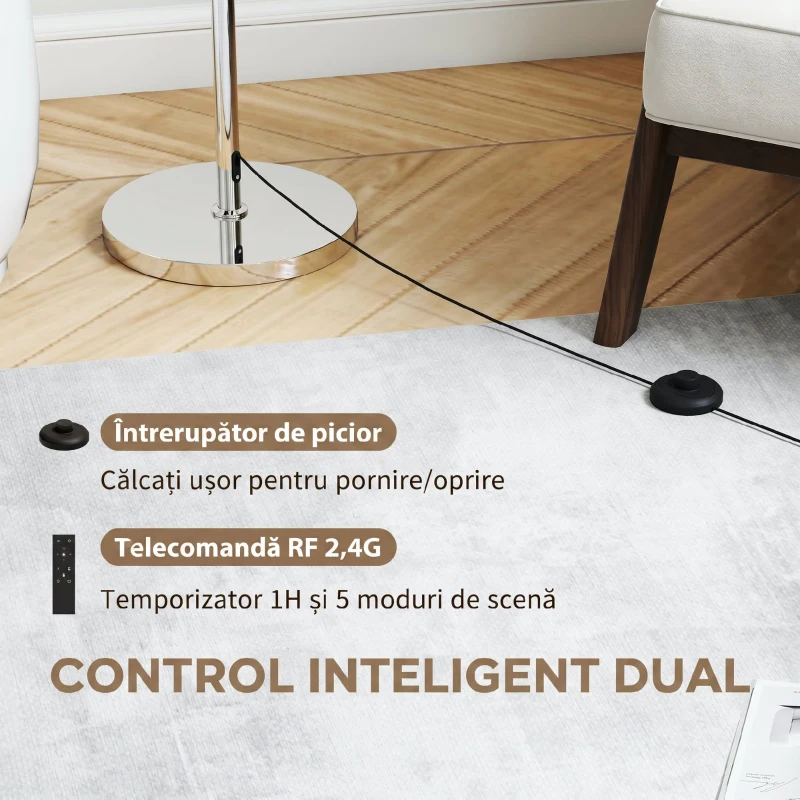 HOMCOM Lampă de Podea cu Telecomandă și Luminozitate Reglabilă 3000k-6000k, cu Abajur Textil, Argintie
