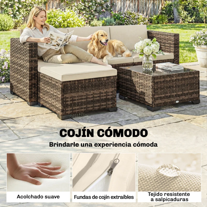 Outsunny Conjunto de Jardín Exterior de Ratán 5 Piezas con Cojines 2 Sillones de Esquina Sillón sin Brazos Reposapiés y Mesa