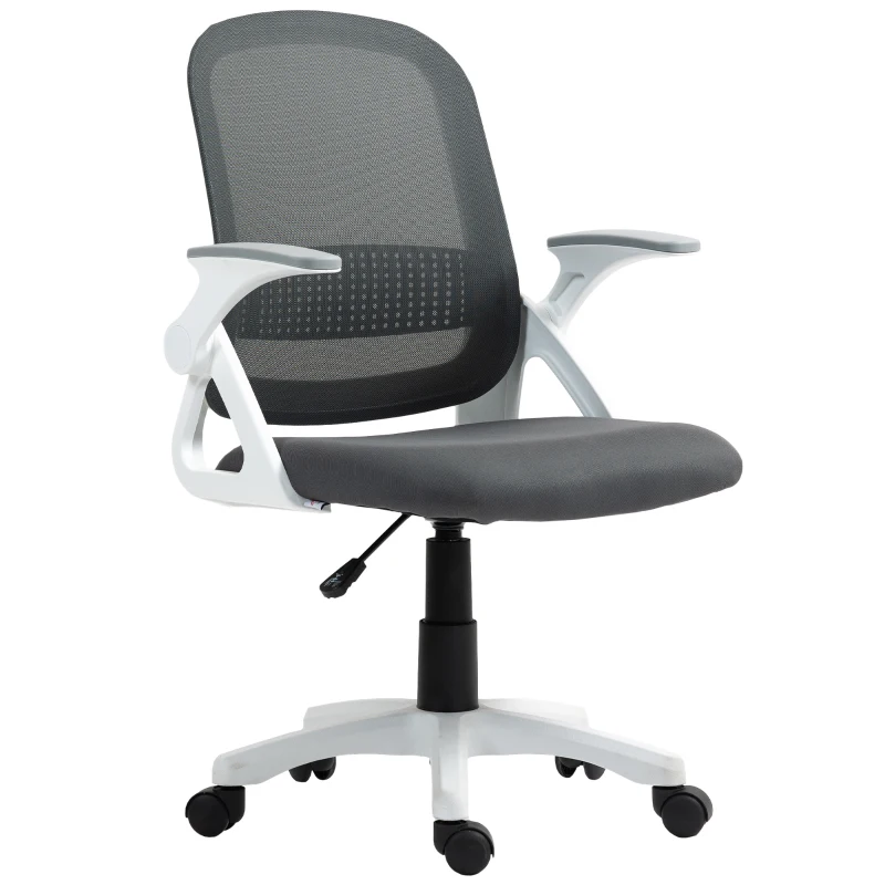 HOMCOM Atmungsaktiver Mesh-Bürostuhl, Ergonomischer Drehstuhl mit klappbaren Armlehnen und Lendenwirbelstütze, Grau