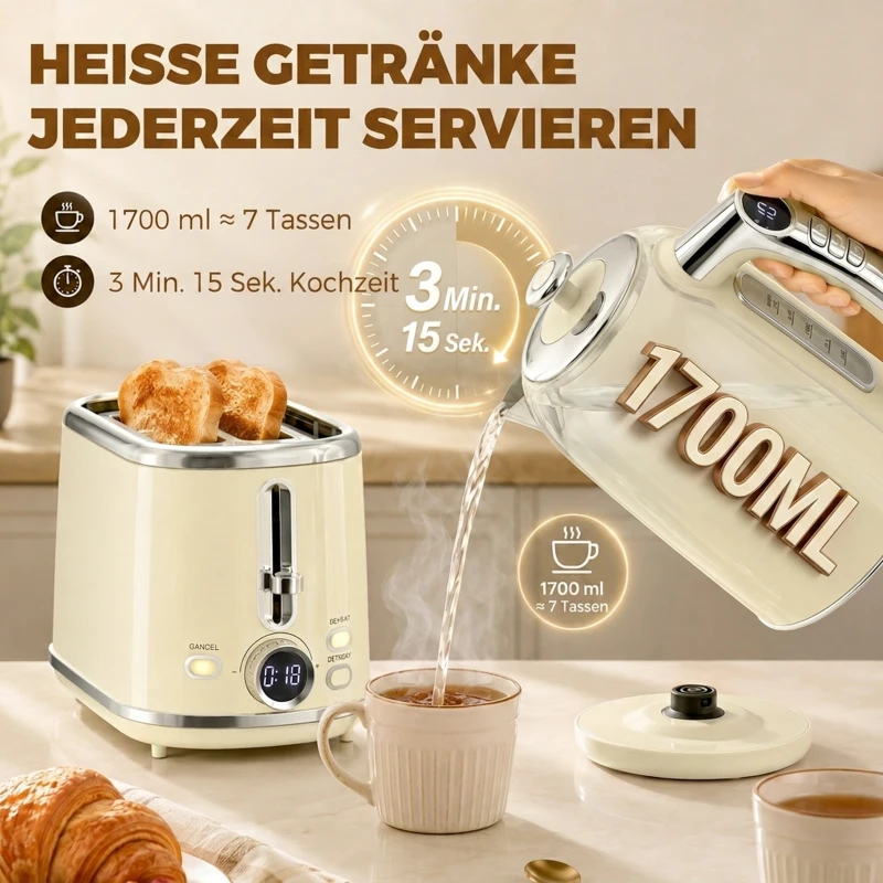 HOMCOM Waterkoker- en toasterset met LED-display, 1,7-l waterkoker met 3 uur warmhoudfunctie, Creme
