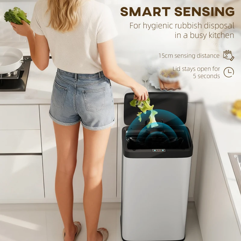 HOMCOM 45L Stainless Steel Sensor Bin - Silver Tone