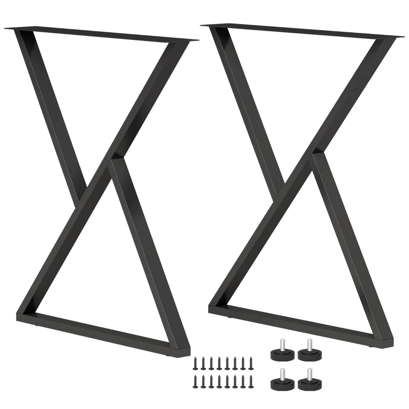 HOMCOM Pieds de table en acier, 60 x 72 cm, lot de 2 pieds de bureau en forme X avec patins réglables et vis, noir