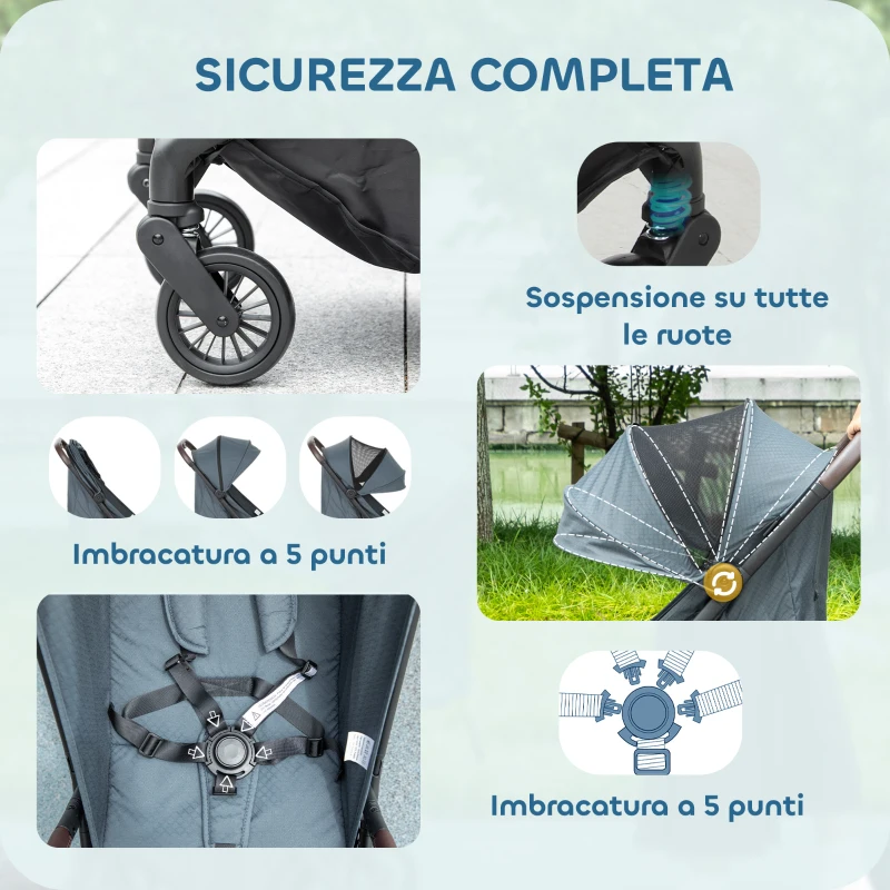 AIYAPLAY Passeggino per Bambini con Tettuccio Regolabile e Sacca Portaoggetti, 87x50x103 cm, Blu e Nero