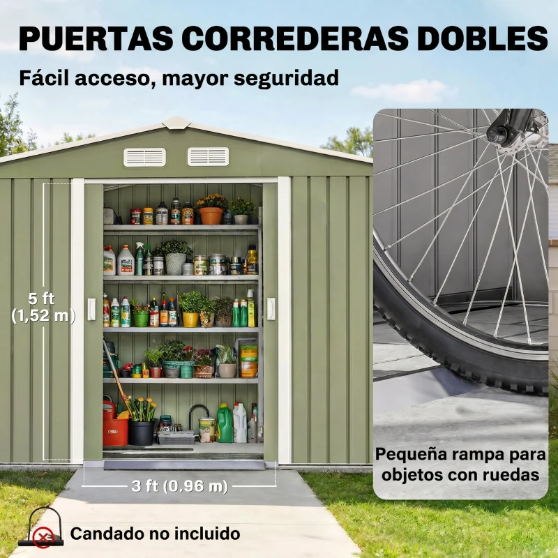 Outsunny Cobertizo de Jardín 4,9 m² 277x195x192 cm con 2 Puertas Corredizas Base Refuerzo (Suelo NO Incluido) Verde Claro