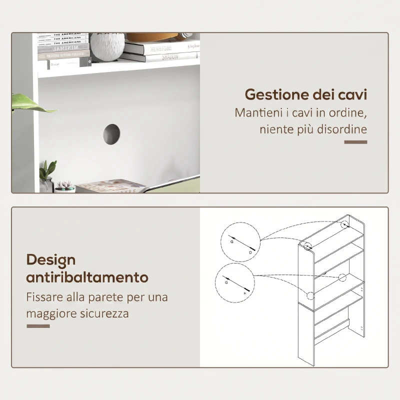 HOMCOM Scrivania Pieghevole con Libreria a 4 Ripiani, 2 Ruote e Foro Passacavi, 80x69x155 cm, Bianco